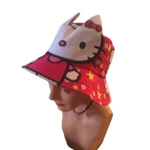 Women’s Hello Kitty Reversible Bucket Hat Dk Pink Yellow Stars Big Logo